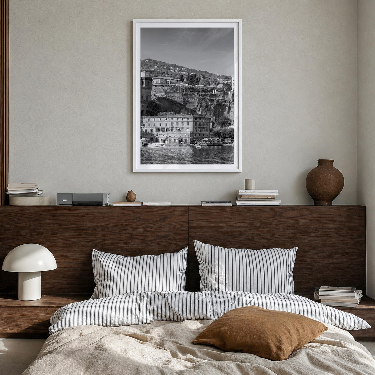 Sorrento, Italy black & white photo poster of Italy – vertical wall art in white wood frame with white border, hanging on wal