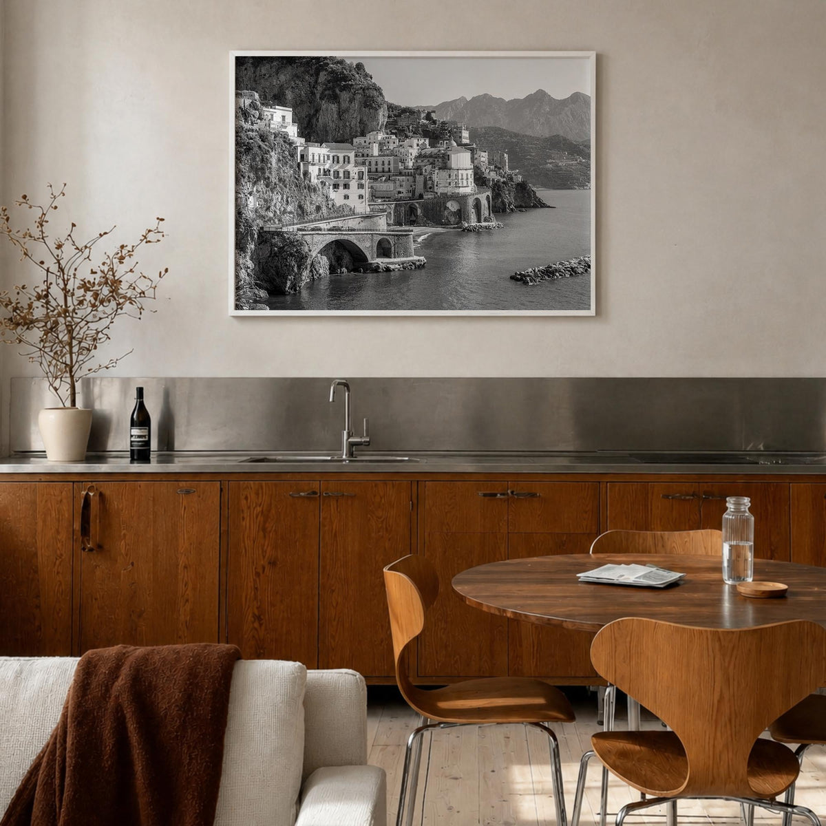 Sorrento, Italy black & white photo poster of Italy – horizontal wall art in white wood frame, hanging on wall