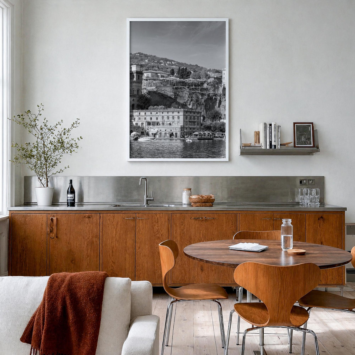 Sorrento, Italy black & white photo poster of Italy – vertical wall art in white wood frame, hanging on wall