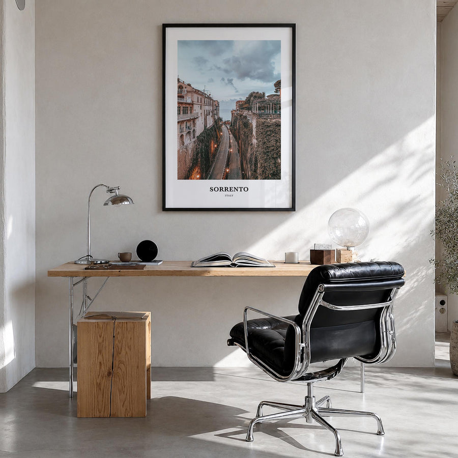 Sorrento, Italy colorful classic poster of Italy – vertical wall art in black wood frame, hanging on wall