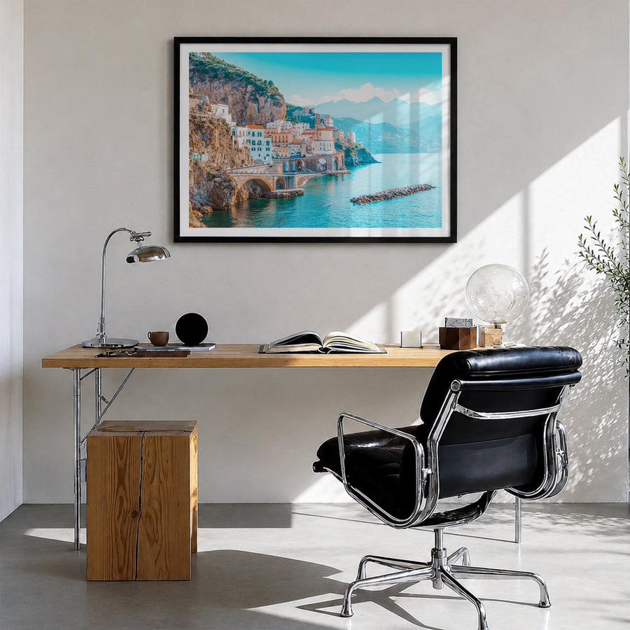 Sorrento, Italy colorful photo poster of Italy – horizontal wall art in black wood frame with white border, hanging on wall
