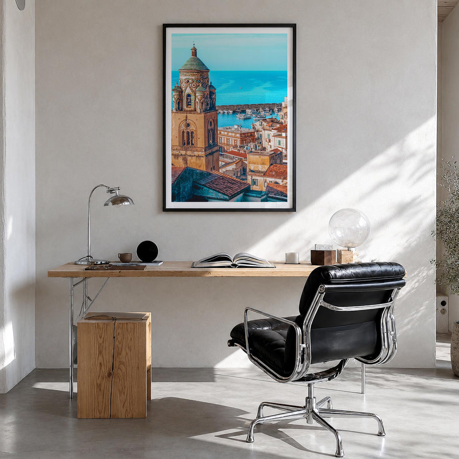 Sorrento, Italy colorful photo poster of Italy – vertical wall art in black wood frame with white border, hanging on wall