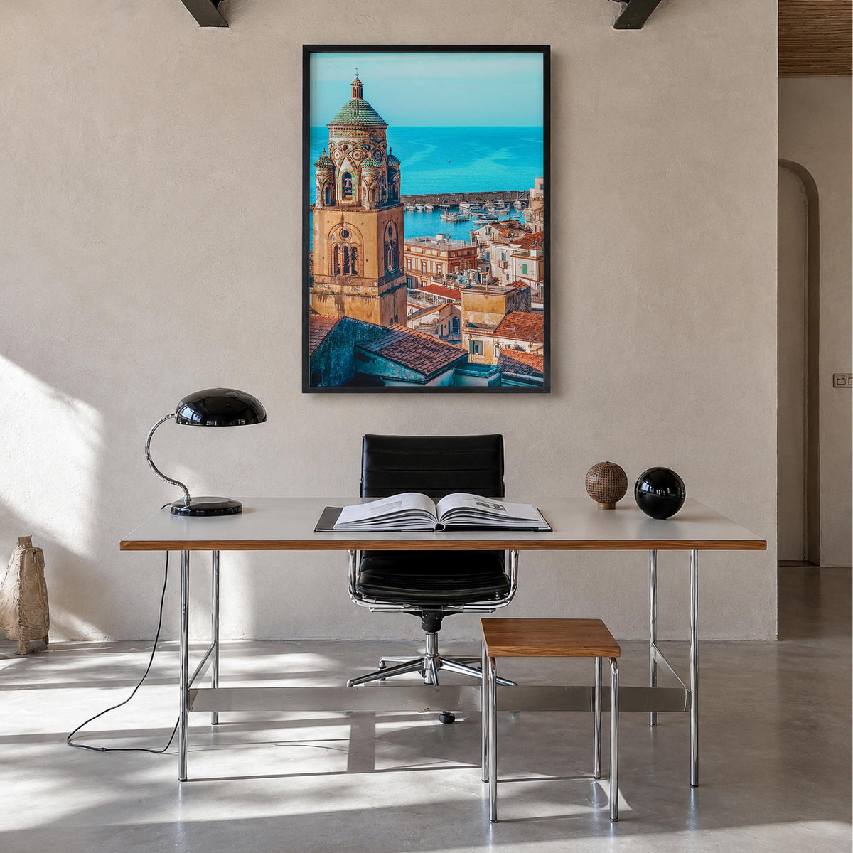 Sorrento, Italy colorful photo poster of Italy – vertical wall art in black wood frame, hanging on wall