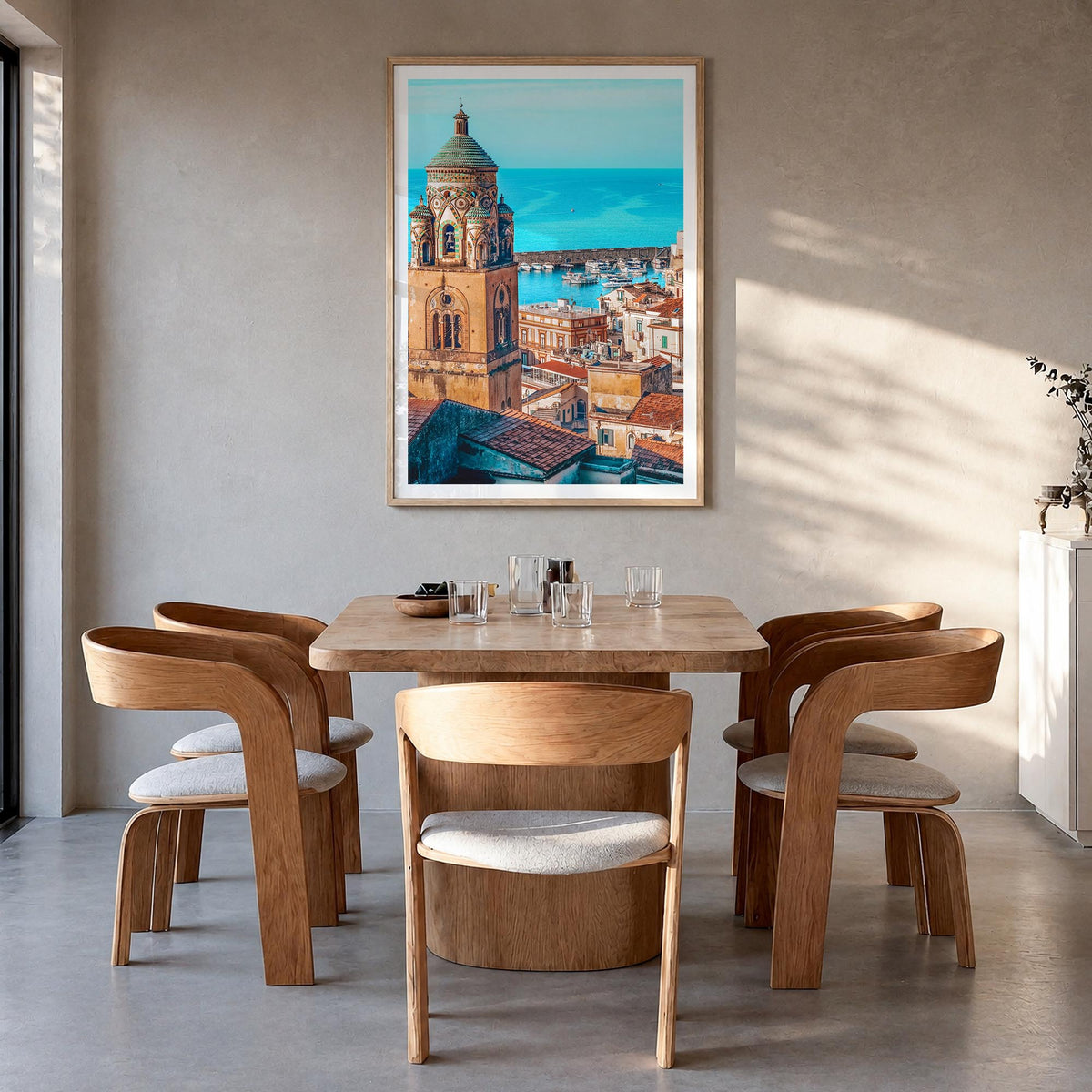 Sorrento, Italy colorful photo poster of Italy – vertical wall art in natural wood frame with white border, hanging on wall