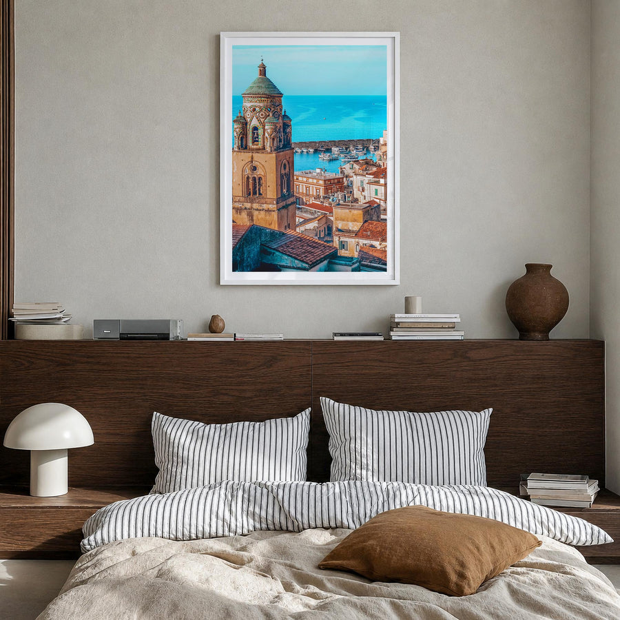 Sorrento, Italy colorful photo poster of Italy – vertical wall art in white wood frame with white border, hanging on wall