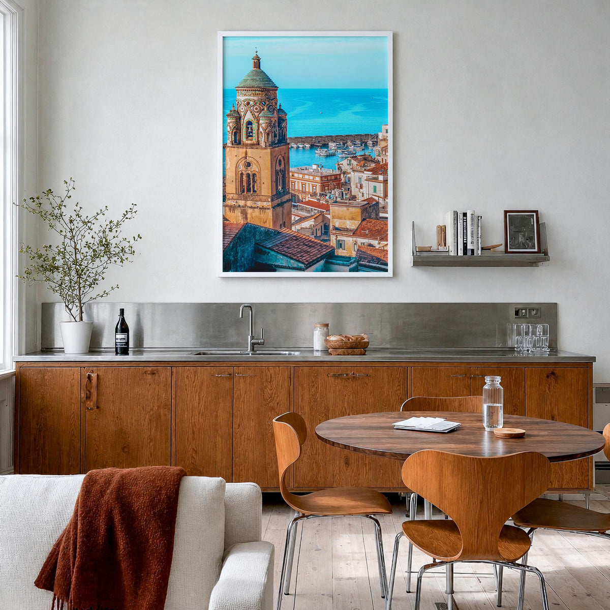 Sorrento, Italy colorful photo poster of Italy – vertical wall art in white wood frame, hanging on wall
