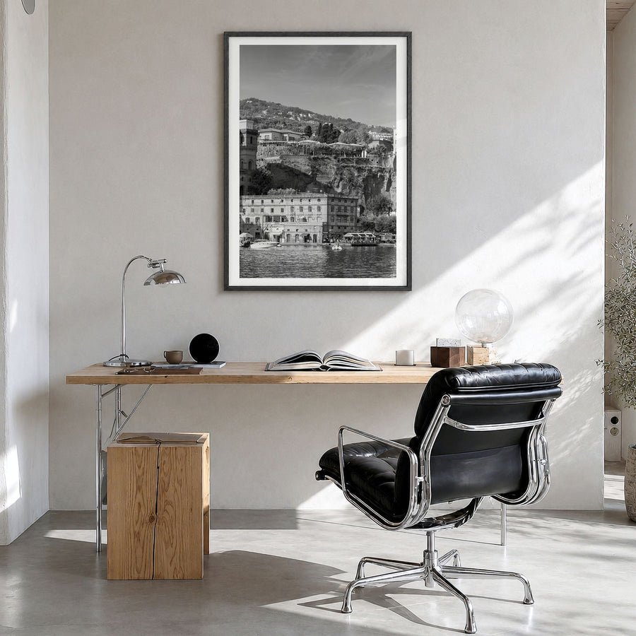 Sorrento, Italy Photo Poster in a black wood frame, hanging in a bright home office, white border