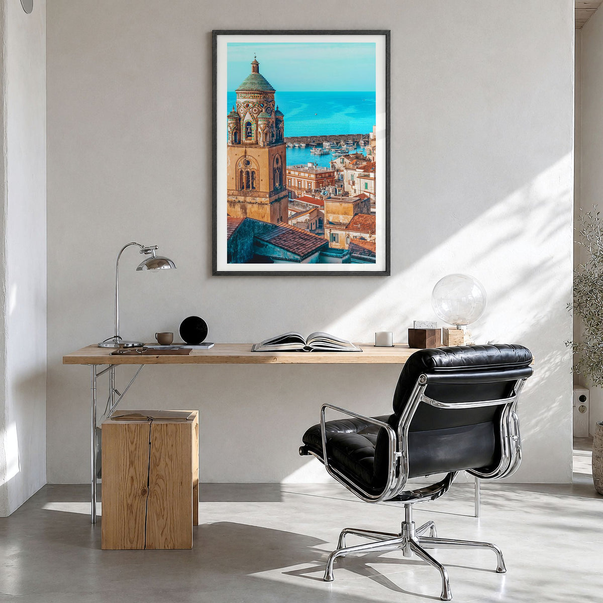 Sorrento, Italy Photo Poster in a black wood frame, hanging in a bright home office, white border