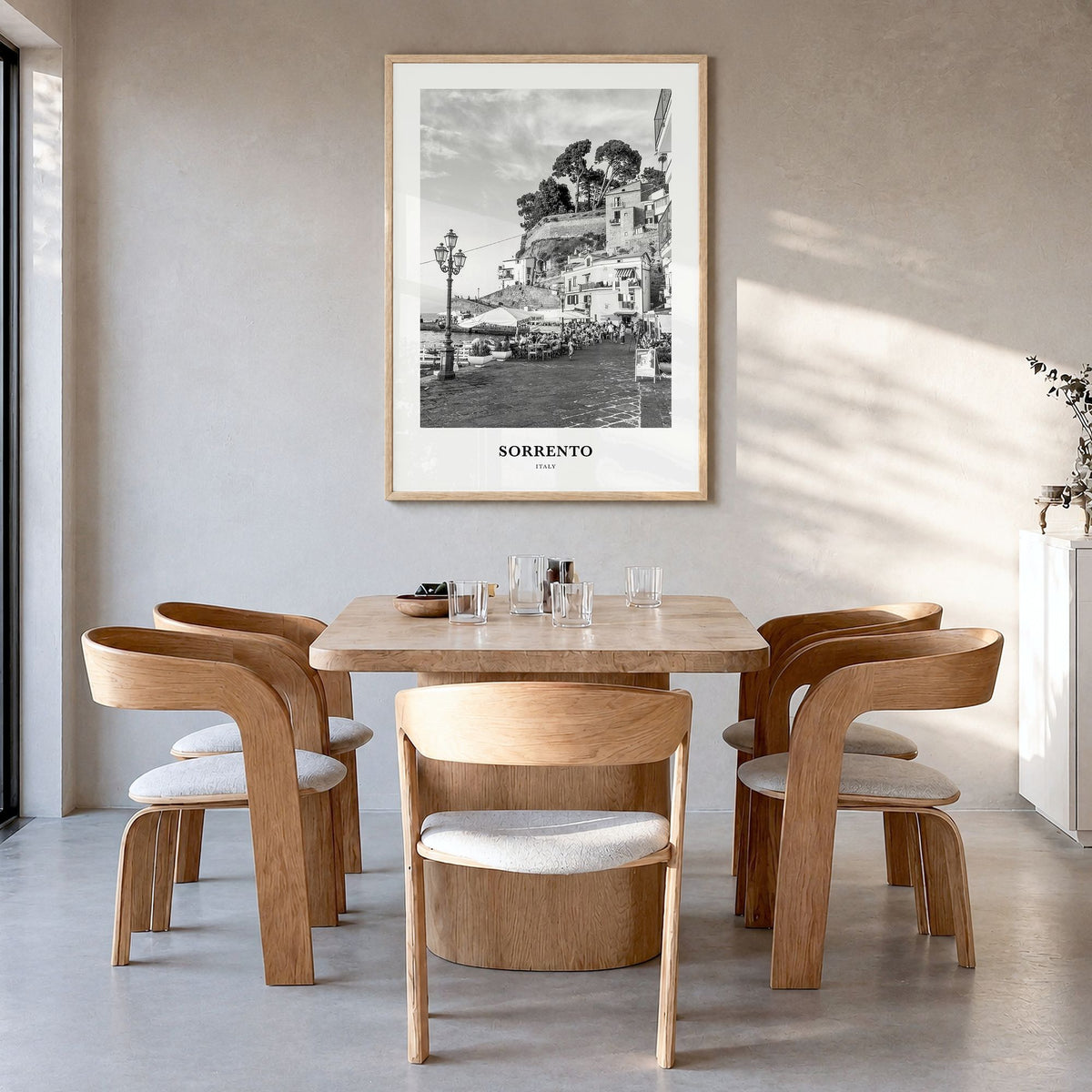 Sorrento, Italy Classic Poster in a natural wood frame, hanging in a dining room