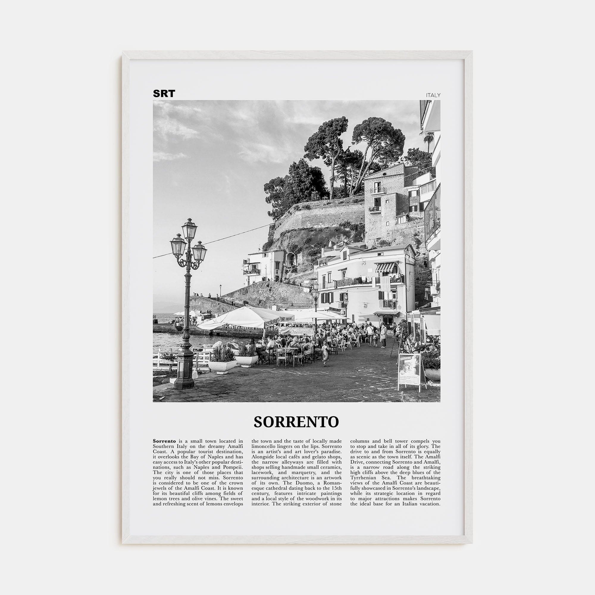 Sorrento, Italy Poster White Wood / 8x12 in Nbourhood Travel B&W Poster