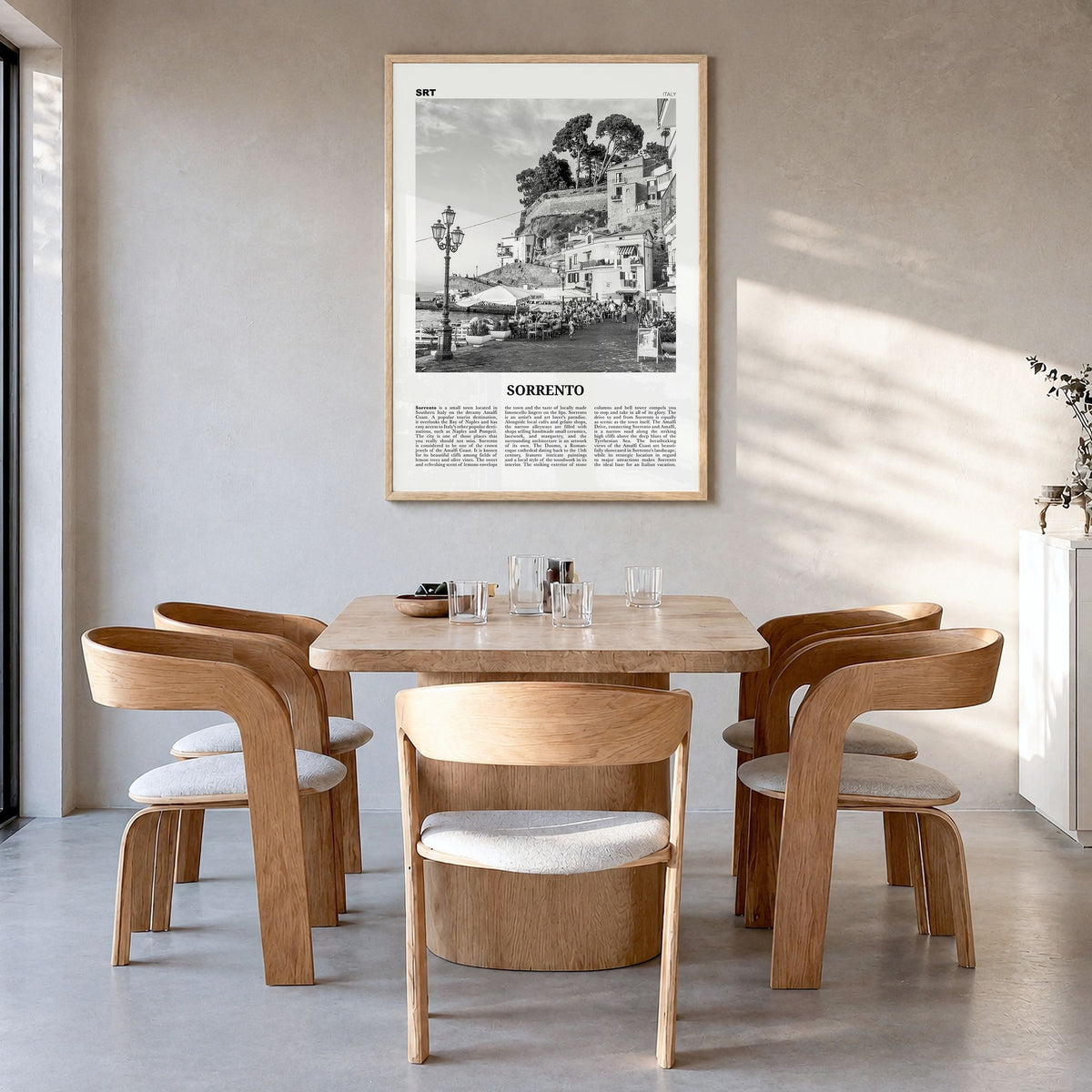Sorrento, Italy Newspaper Poster in a natural wood frame, hanging in a dining room