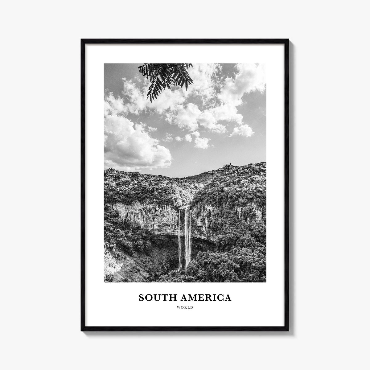South America black & white classic poster – vertical wall art, unframed print shown in interior mockup