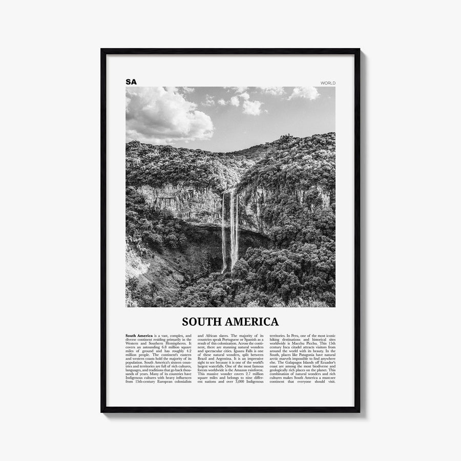 South America black & white newspaper poster – vertical wall art, unframed print shown in interior mockup