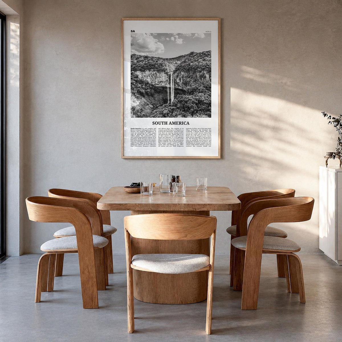 South America black & white newspaper poster – vertical wall art in natural wood frame, hanging on wall