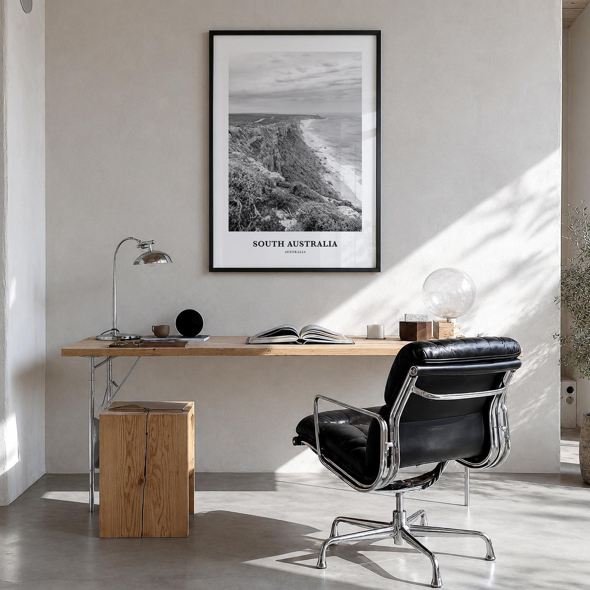 South Australia black & white classic poster of Australia – vertical wall art in black wood frame, hanging on wall