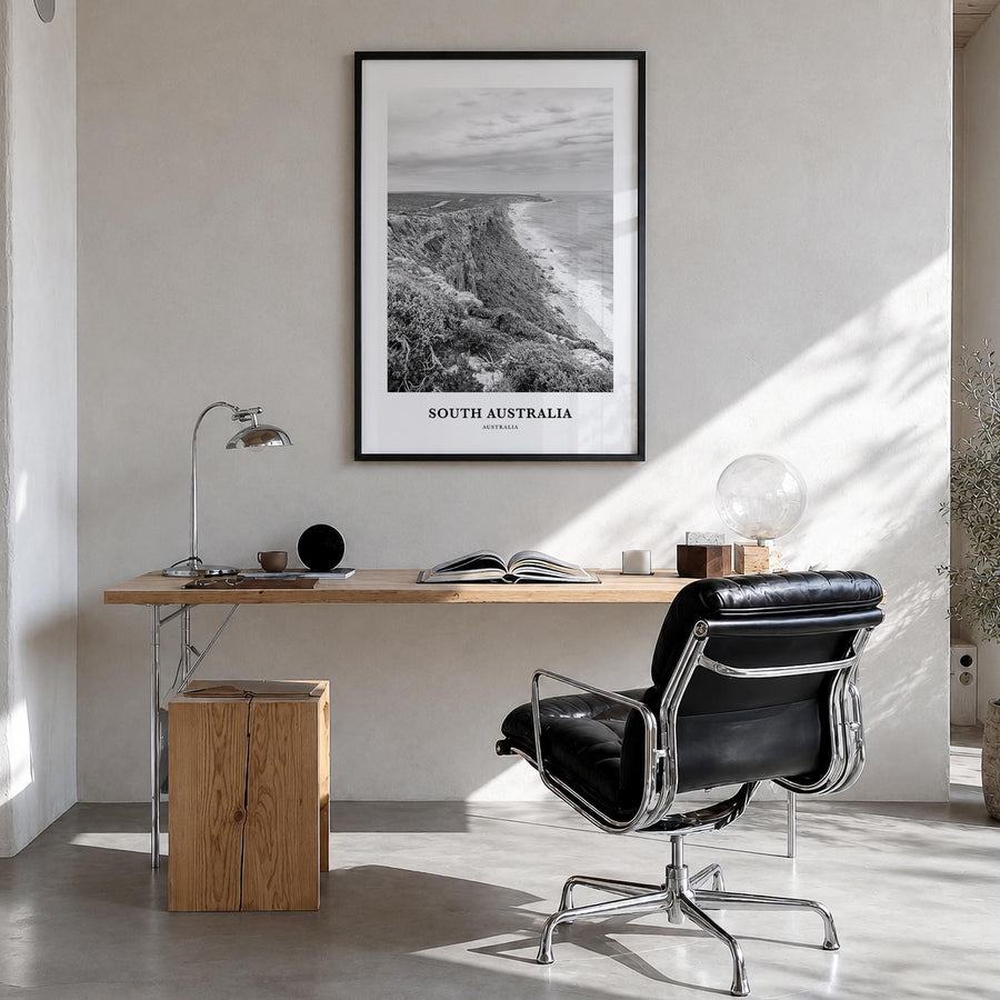 South Australia black & white classic poster of Australia – vertical wall art in black wood frame, hanging on wall