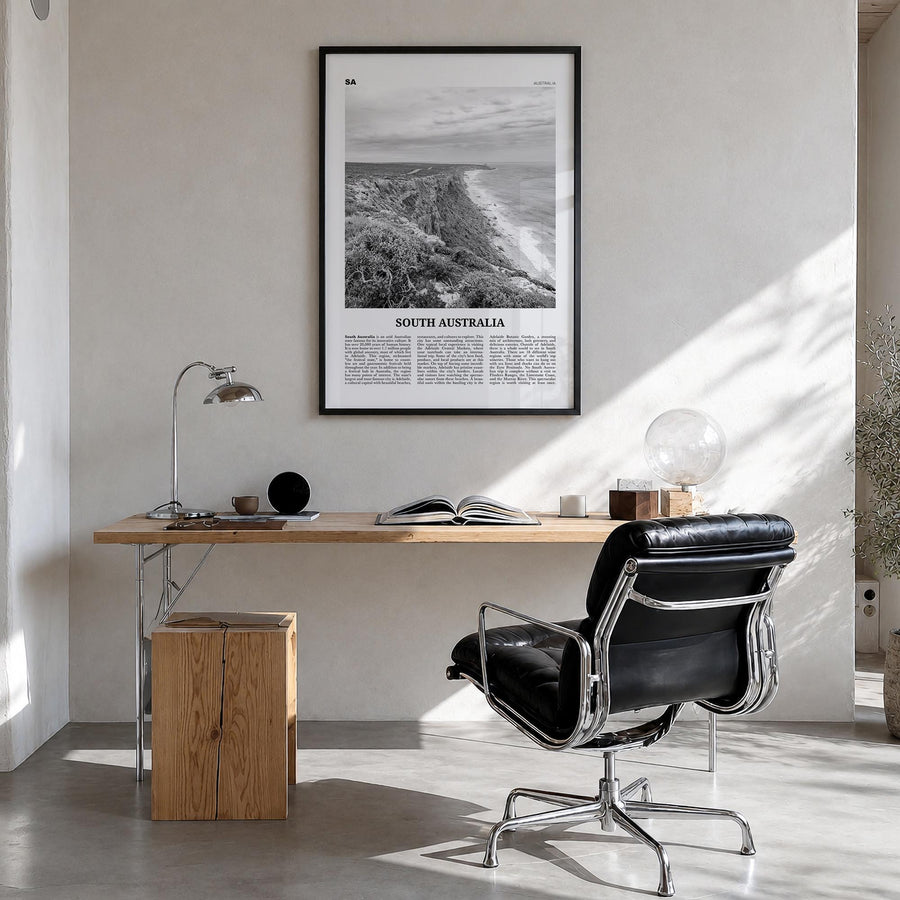 South Australia black & white newspaper poster of Australia – vertical wall art in black wood frame, hanging on wall