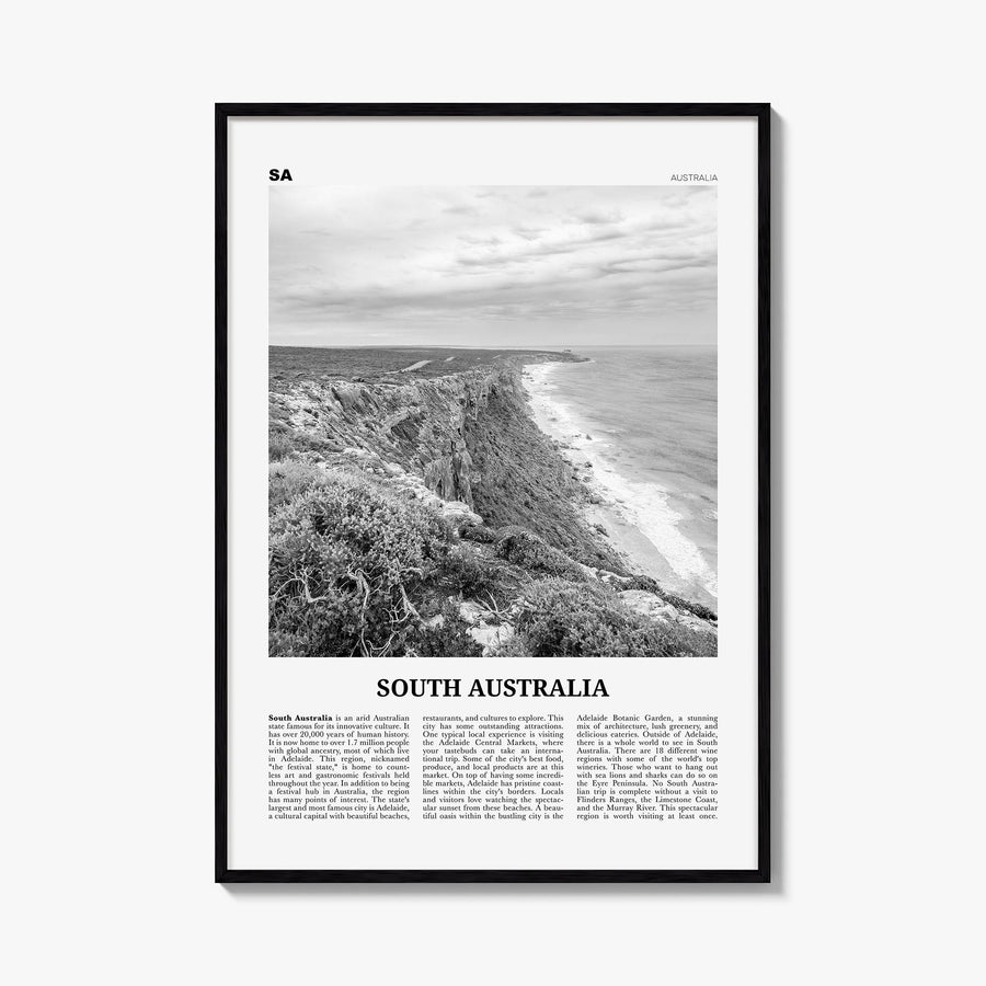 South Australia black & white newspaper poster of Australia – vertical wall art, unframed print shown in interior mockup