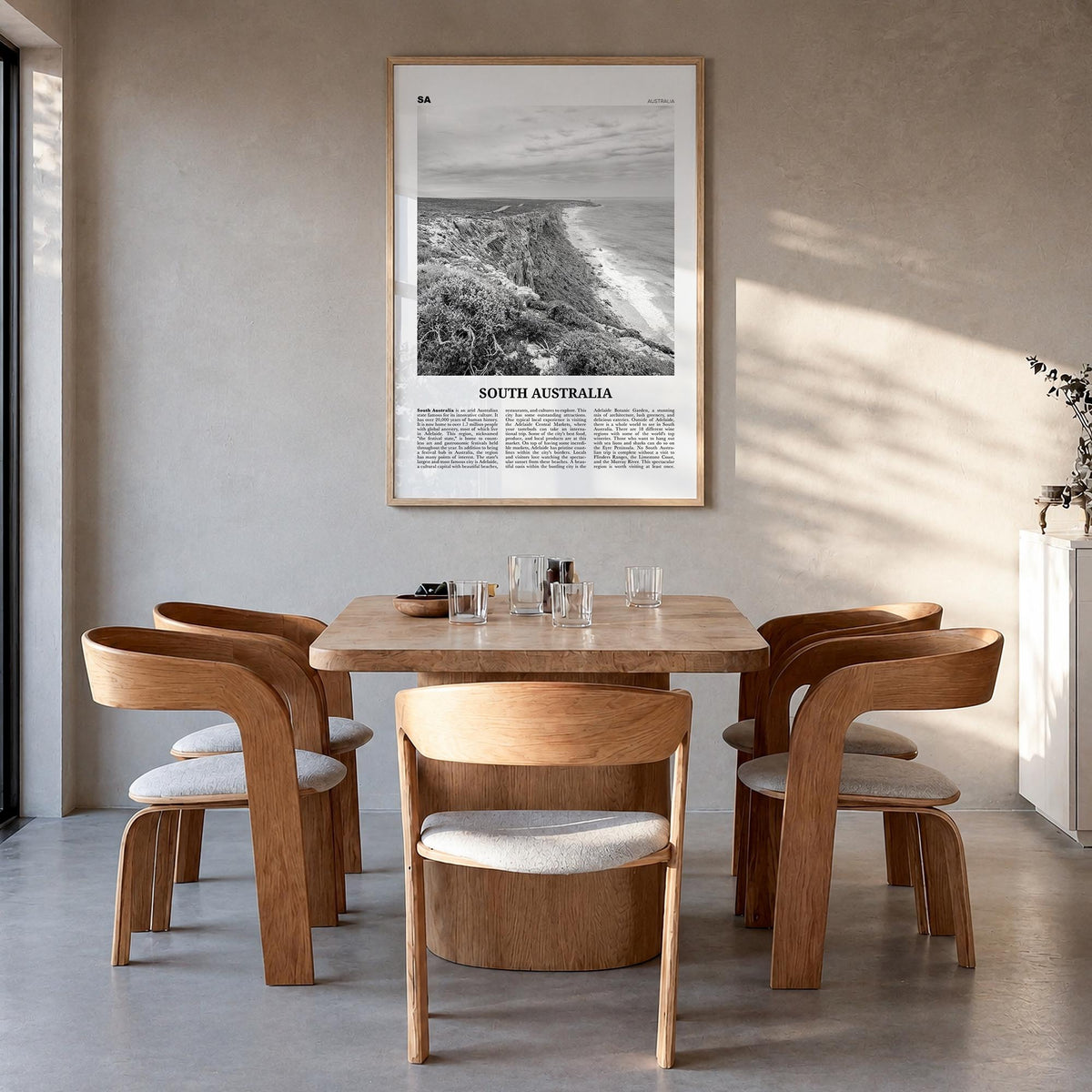South Australia black & white newspaper poster of Australia – vertical wall art in natural wood frame, hanging on wall