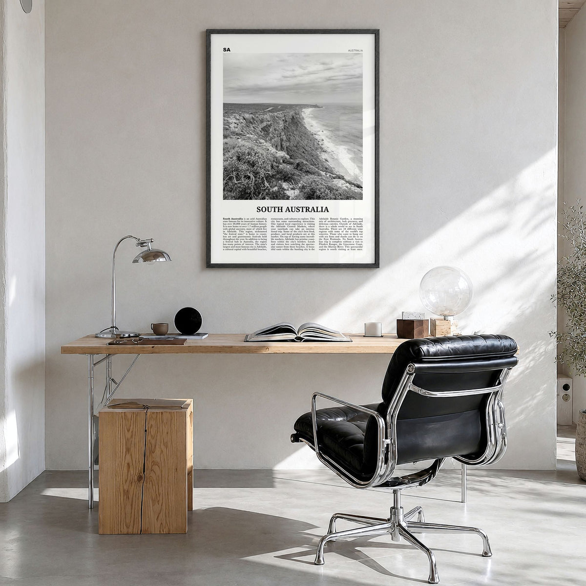 South Australia Newspaper Poster in a black wood frame, hanging in a bright home office