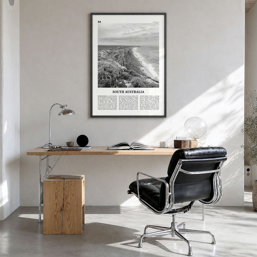 South Australia Newspaper Poster in a black wood frame, hanging in a bright home office