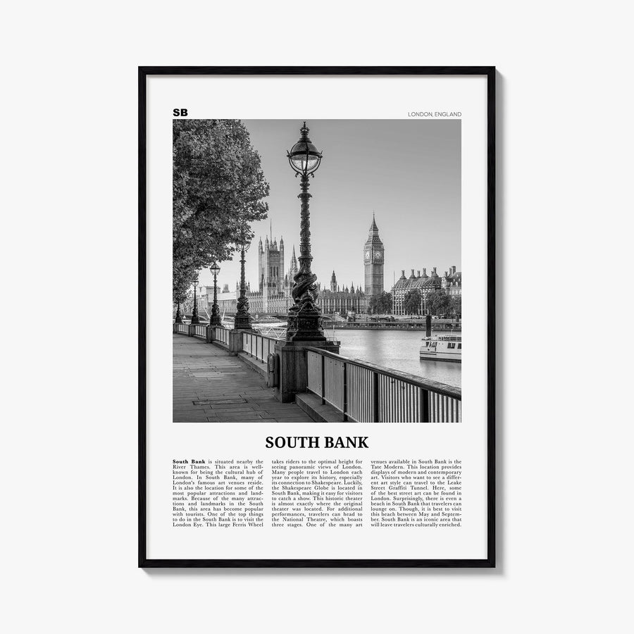 South Bank black & white newspaper poster of London, England – vertical wall art, unframed print shown in interior mockup