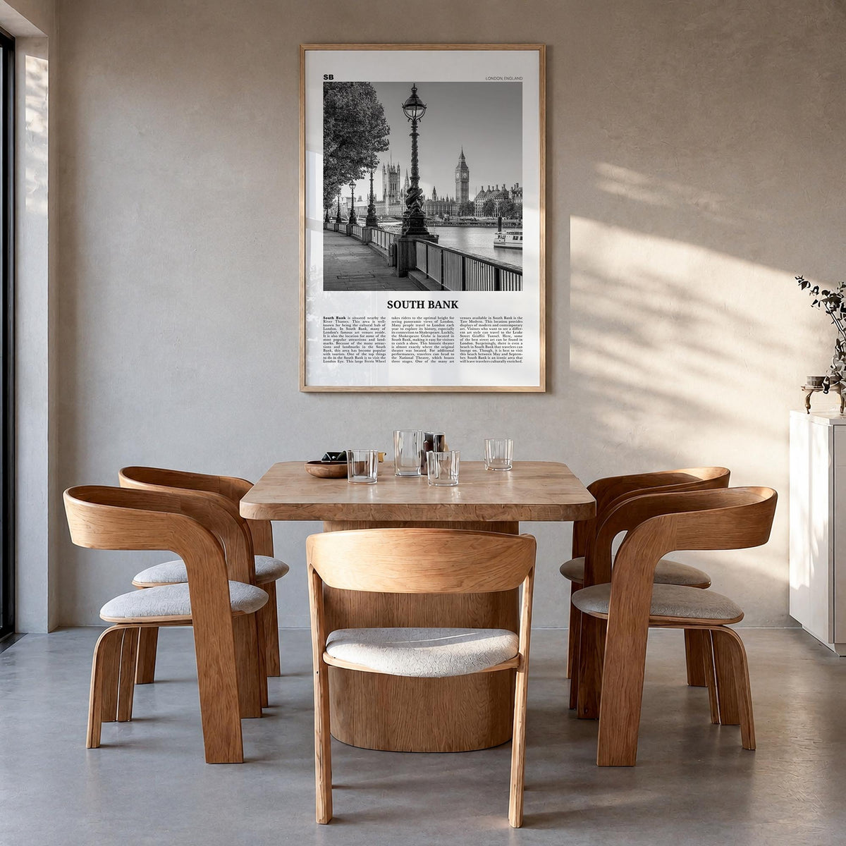 South Bank black & white newspaper poster of London, England – vertical wall art in natural wood frame, hanging on wall