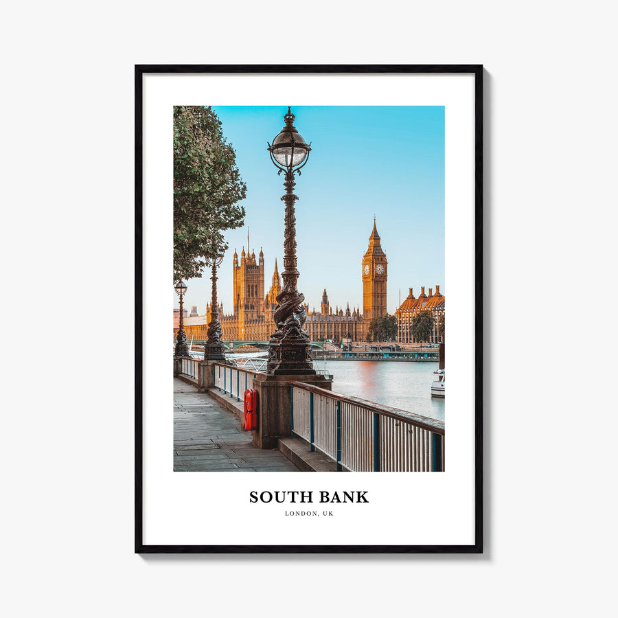 South Bank colorful classic poster of London, England – vertical wall art, unframed print shown in interior mockup