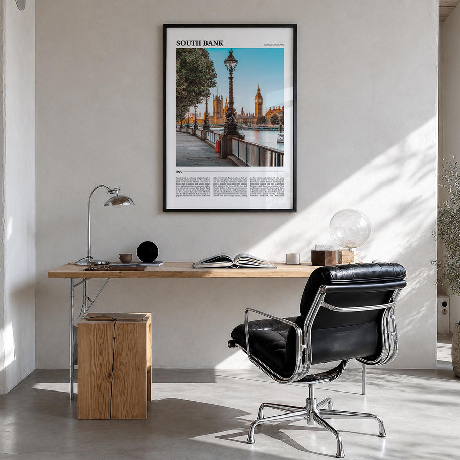 South Bank colorful travel poster of London, England – vertical wall art in black wood frame, hanging on wall