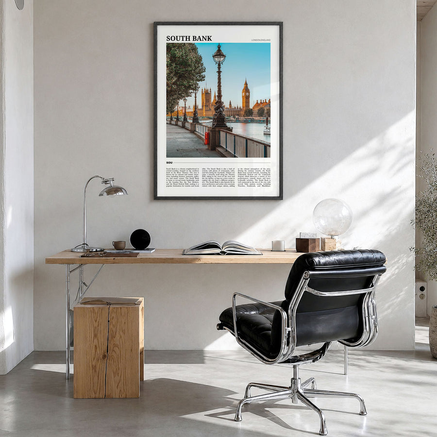 South Bank Travel Poster in a black wood frame, hanging in a bright home office