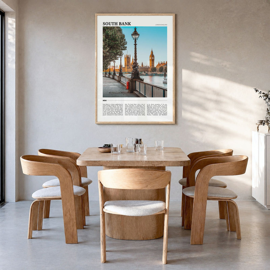 South Bank Travel Poster in a natural wood frame, hanging in a dining room