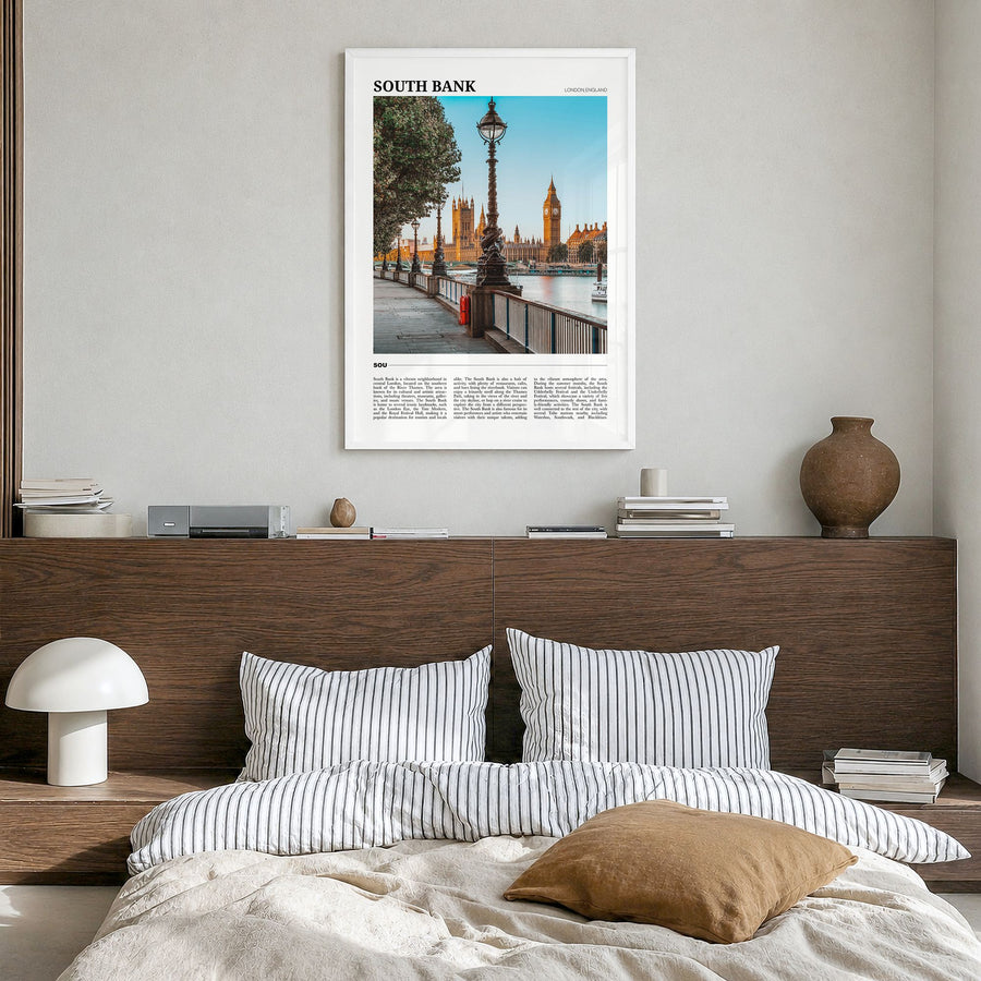 South Bank Travel Poster in a white wood frame, hanging in a bedroom