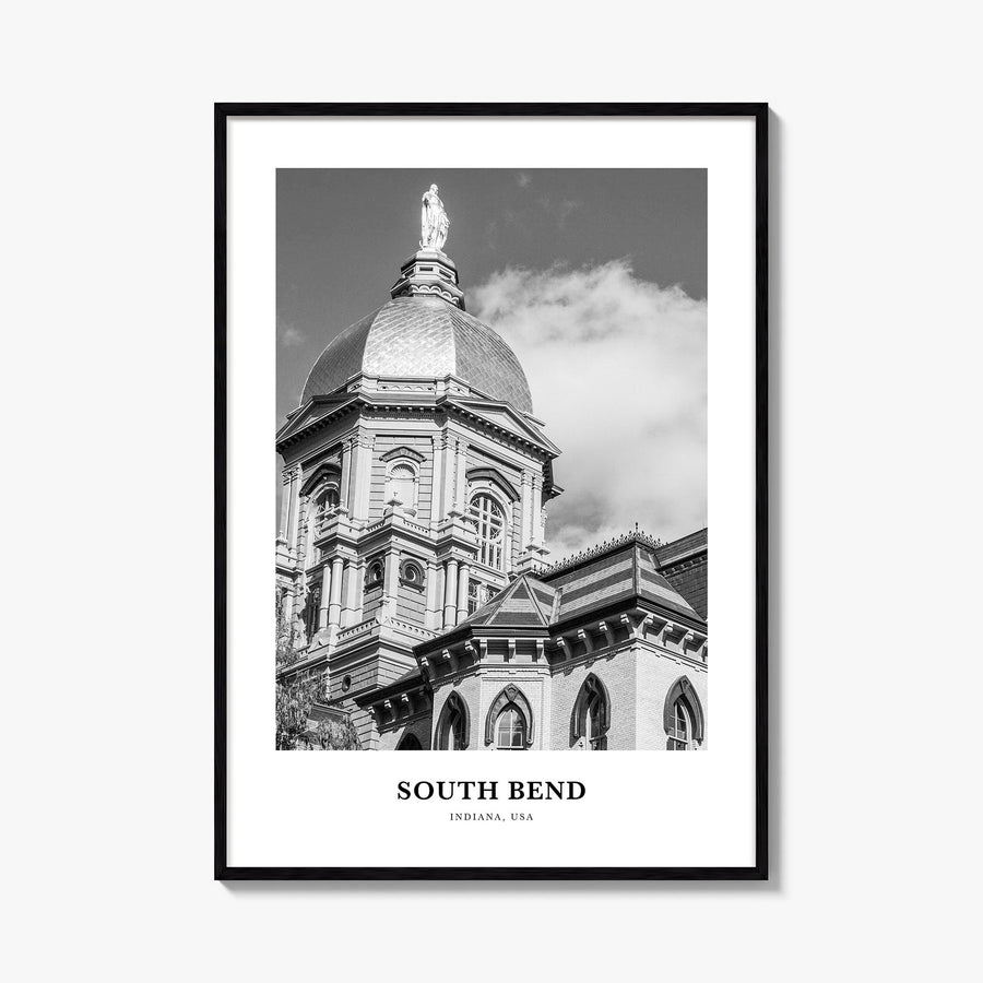 South Bend black & white classic poster of Indiana, USA – vertical wall art, unframed print shown in interior mockup