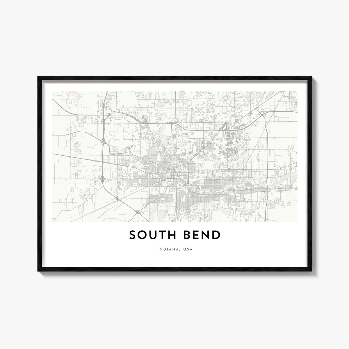South Bend black & white map poster of Indiana, USA – horizontal wall art, unframed print shown in interior mockup