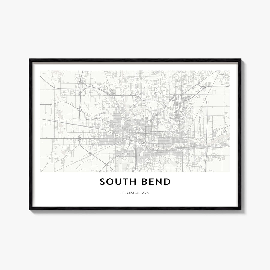 South Bend black & white map poster of Indiana, USA – horizontal wall art, unframed print shown in interior mockup