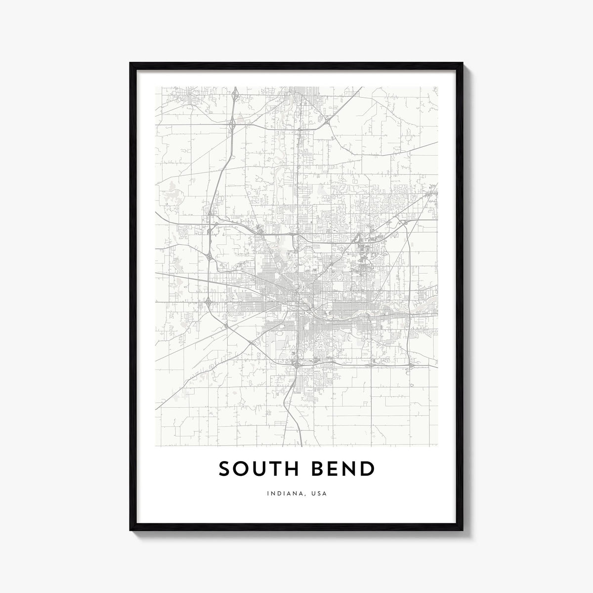 South Bend black & white map poster of Indiana, USA – vertical wall art, unframed print shown in interior mockup