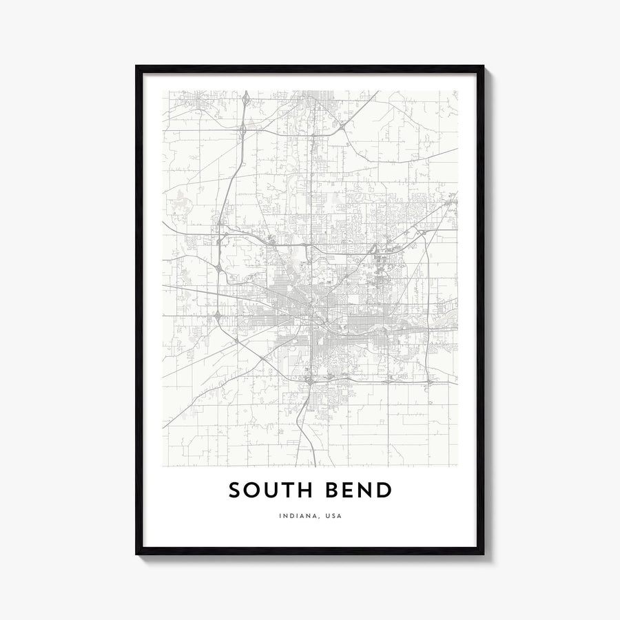 South Bend black & white map poster of Indiana, USA – vertical wall art, unframed print shown in interior mockup