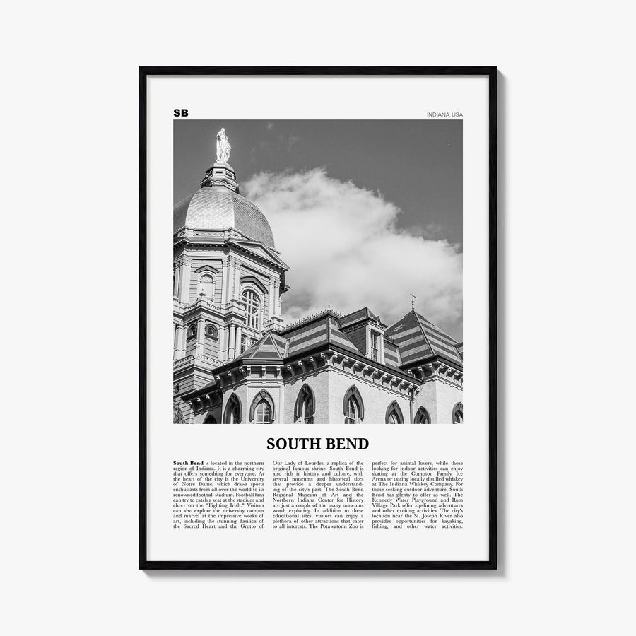 South Bend black & white newspaper poster of Indiana, USA – vertical wall art, unframed print shown in interior mockup