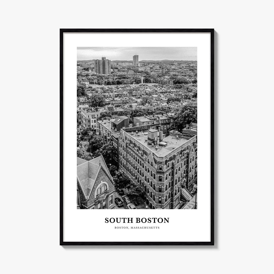 South Boston black & white classic poster of Boston, Massachusetts – vertical wall art, unframed print shown in interior mock