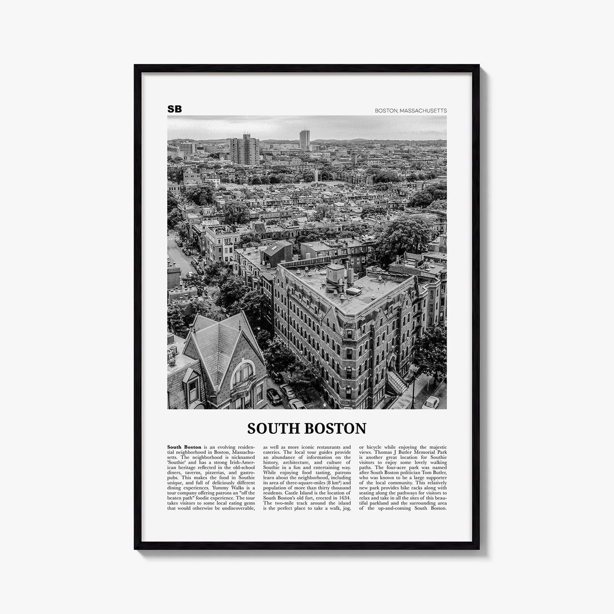 South Boston black & white newspaper poster of Boston, Massachusetts – vertical wall art, unframed print shown in interior mo