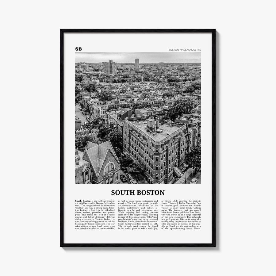 South Boston black & white newspaper poster of Boston, Massachusetts – vertical wall art, unframed print shown in interior mo