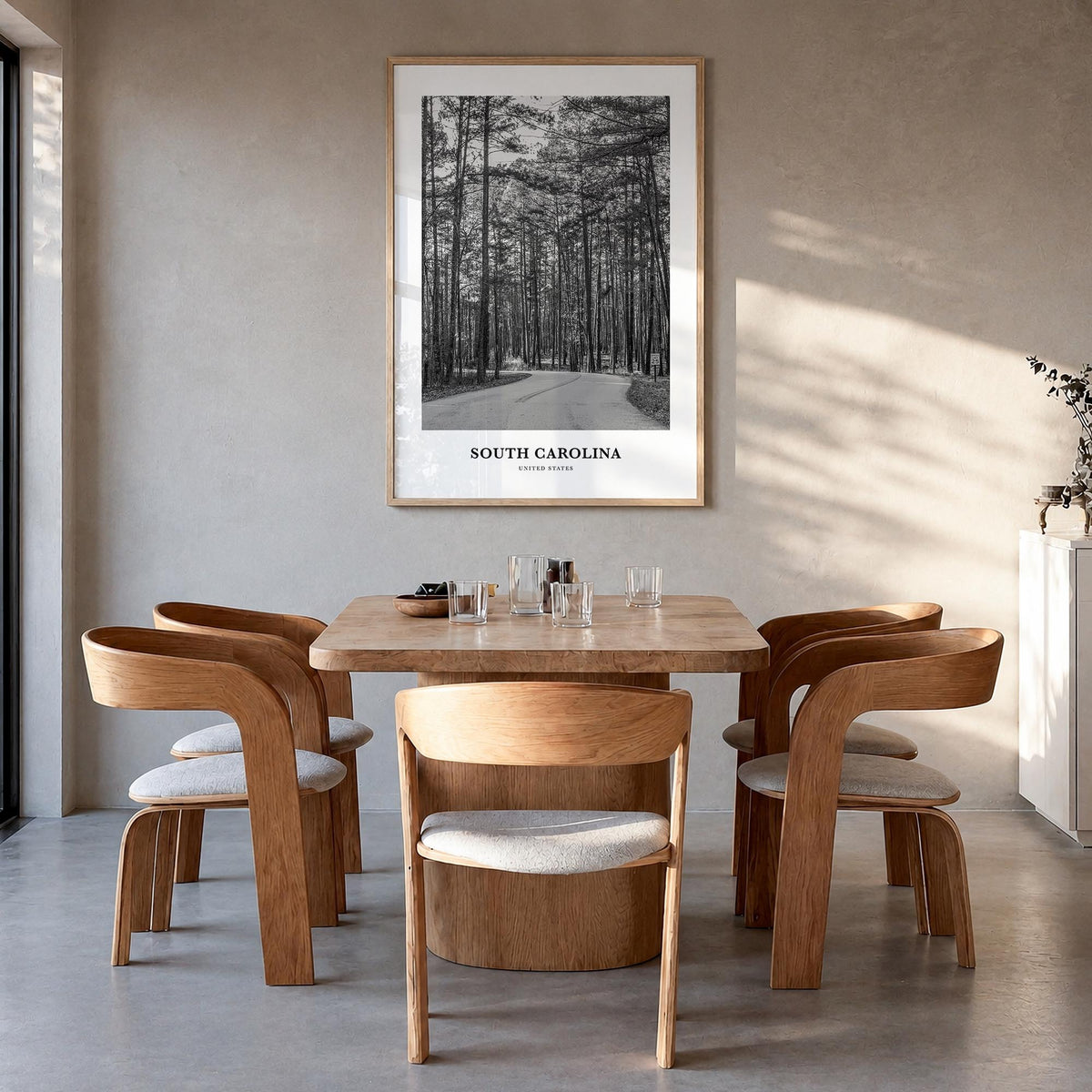 South Carolina black & white classic poster of United States – vertical wall art in natural wood frame, hanging on wall