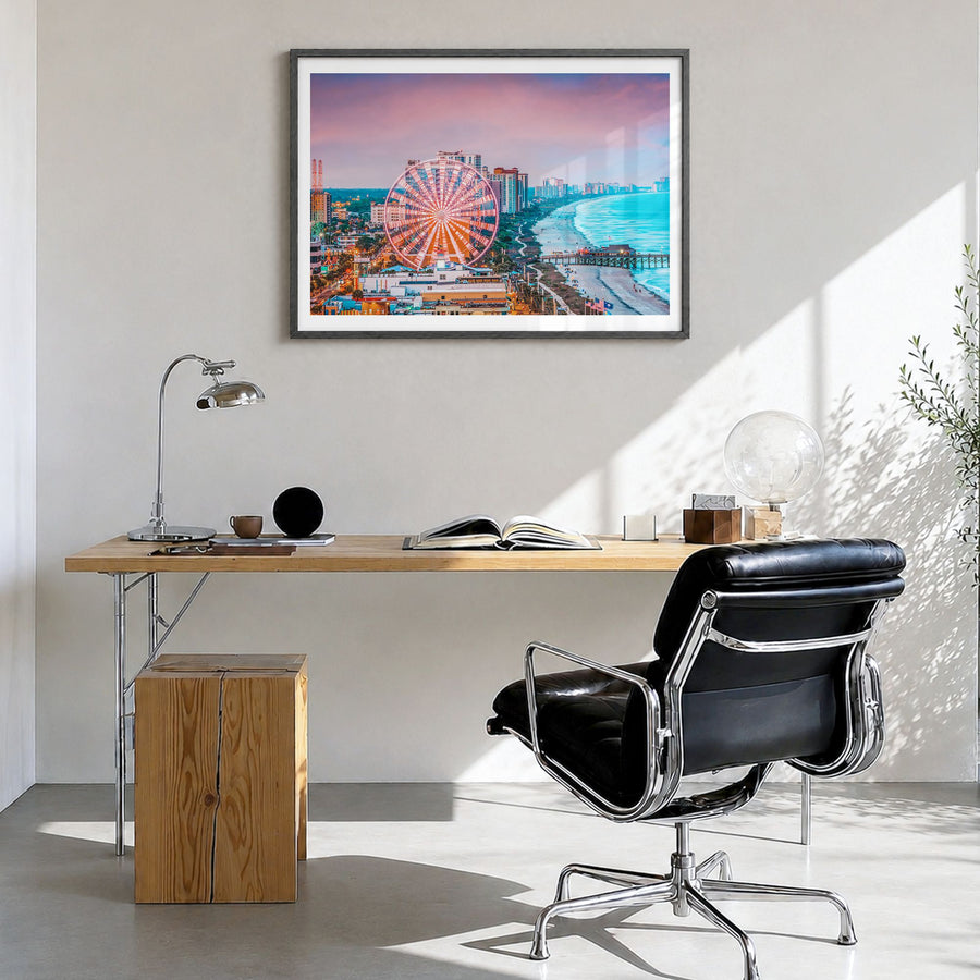 South Carolina Photo Poster in a black wood frame, hanging in a bright home office, white border