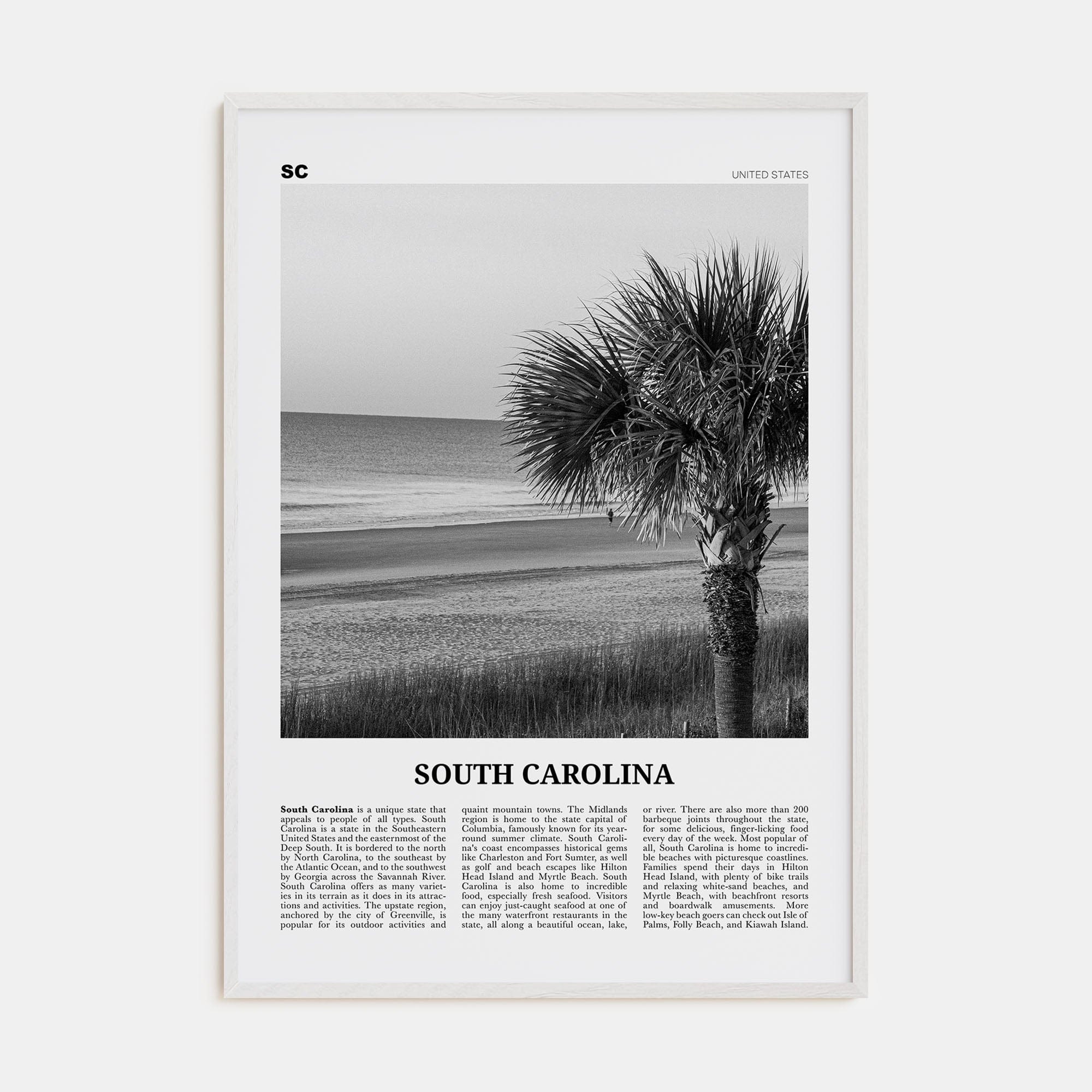 South Carolina No 1 Poster White Wood / 8x12 in Nbourhood Travel B&W Poster