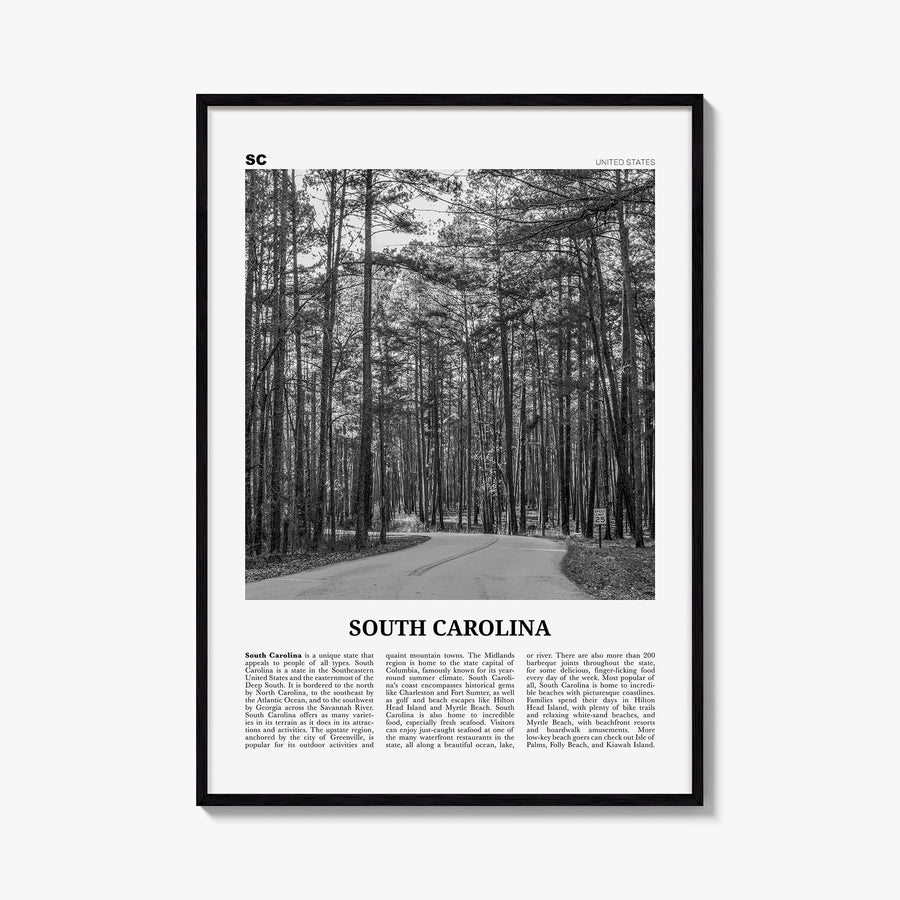 South Carolina no. 2 black & white newspaper poster of United States – vertical wall art, unframed print shown in interior mo