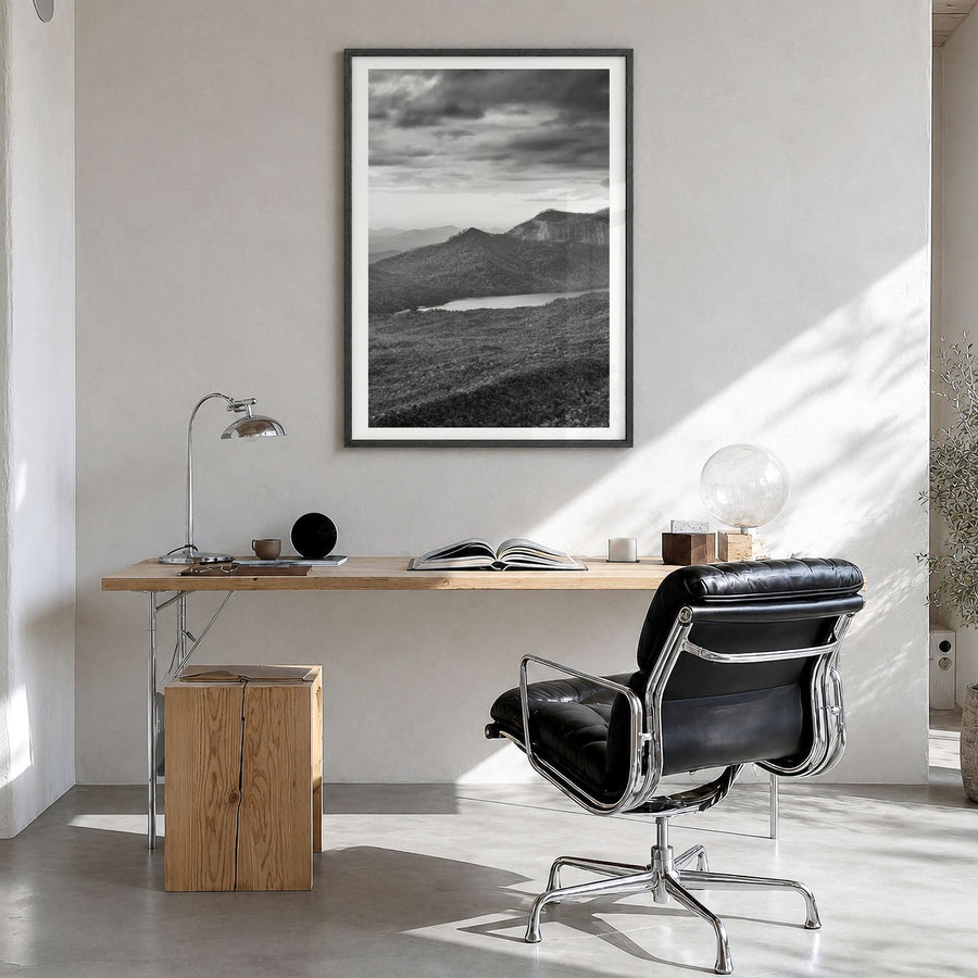 South Carolina Photo Poster in a black wood frame, hanging in a bright home office, white border