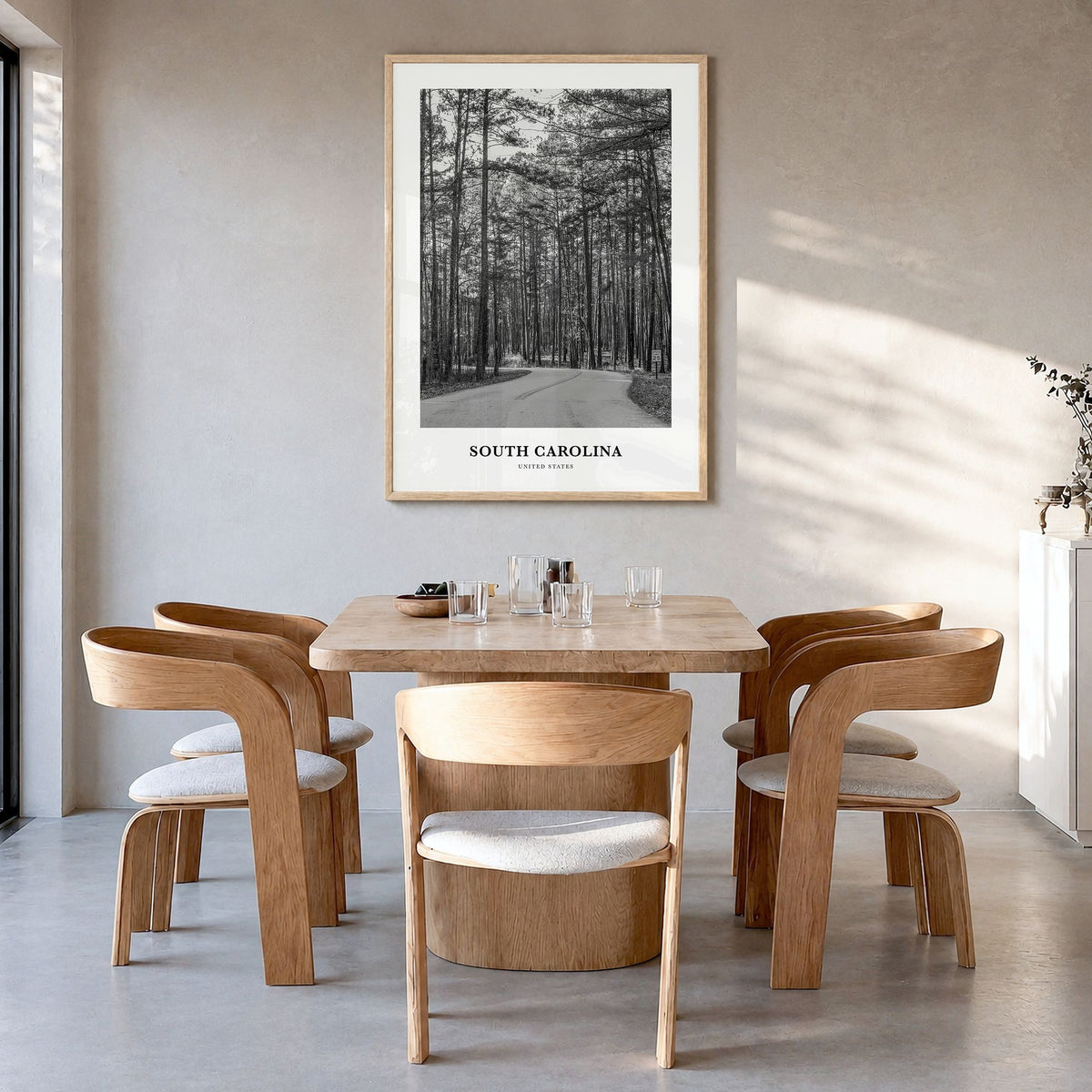 South Carolina Classic Poster in a natural wood frame, hanging in a dining room