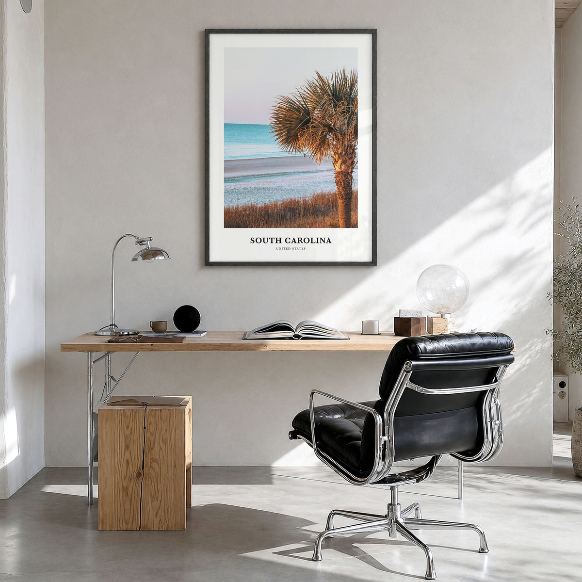 South Carolina Classic No 2 Poster in a black wood frame, hanging in a bright home office