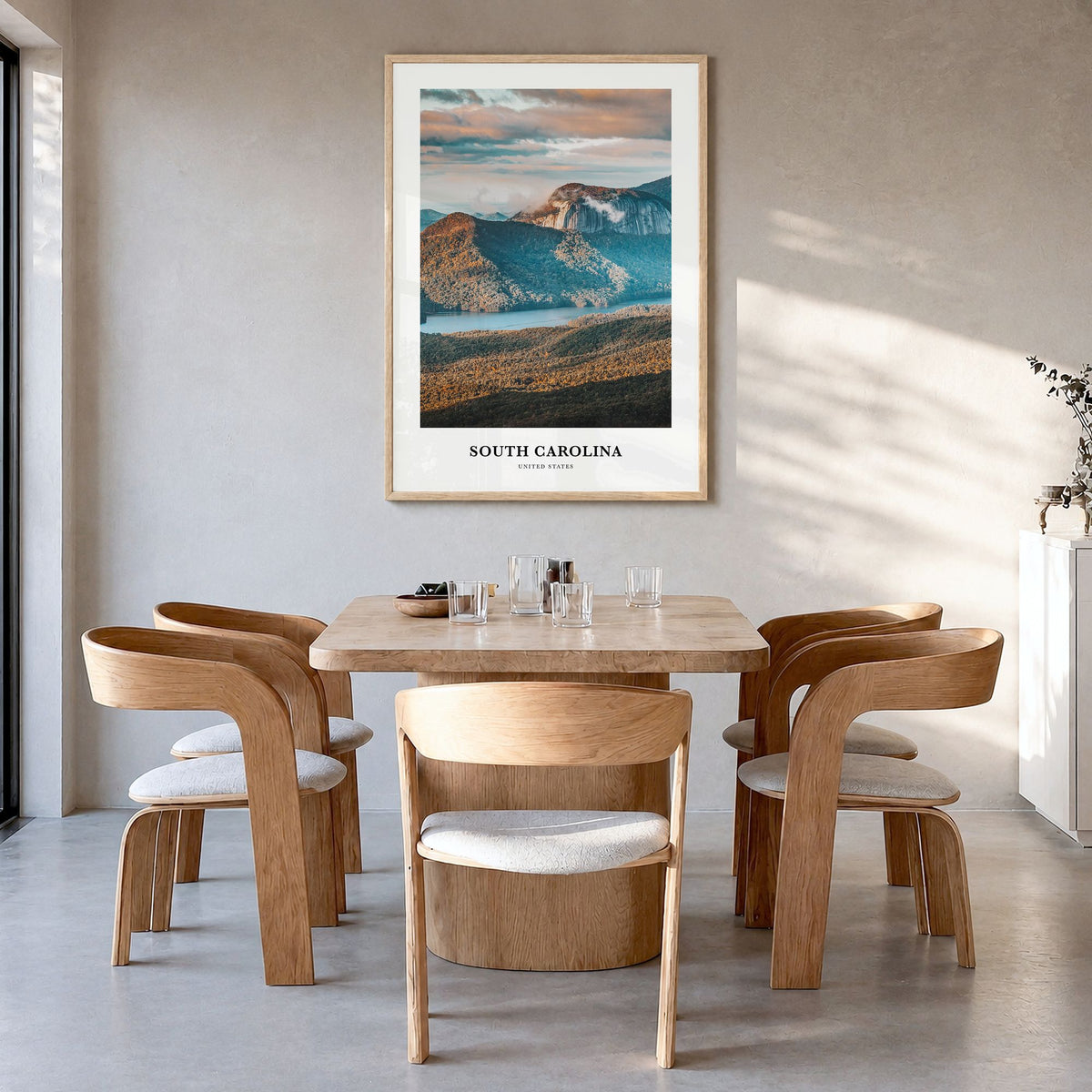 South Carolina Classic No 3 Poster in a natural wood frame, hanging in a dining room