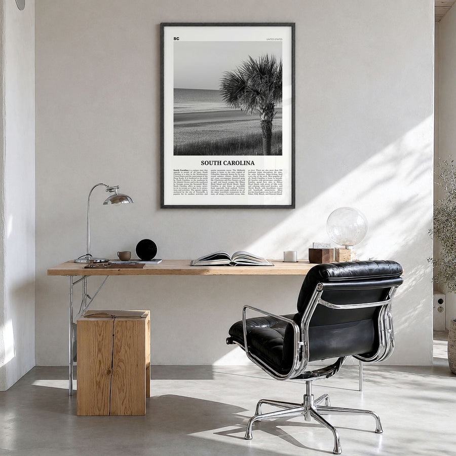 South Carolina Newspaper No 1 Poster in a black wood frame, hanging in a bright home office